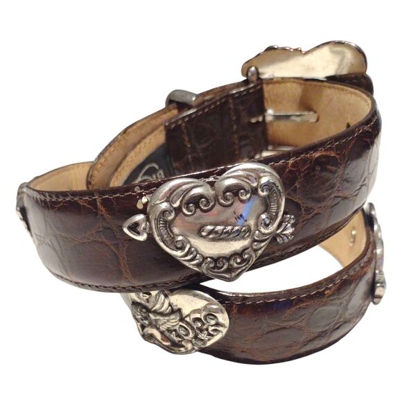 Brighton Belt Brown Croc Embossed Leather Silver Heart Conchos Small USA Vintage - Picture 4 of 16